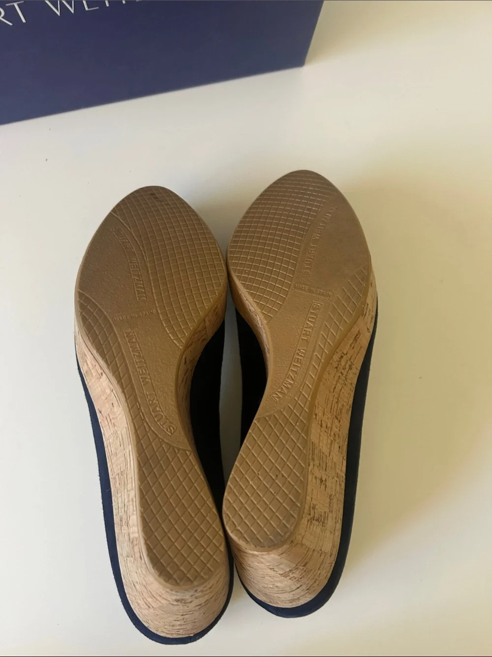 Stuart Weitzman Navy Suede Cork Wedge Pumps